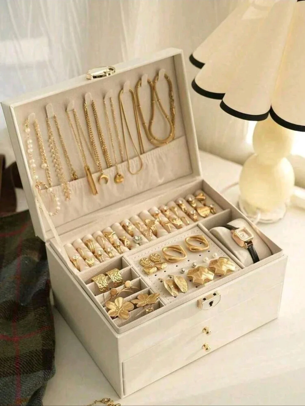 Women's Cream Jewelry Organizer Box with Gold Accents